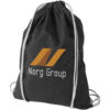 Schwarzer Kordelzugbeutel mit Norg Group-Logo in Orange und Grau.