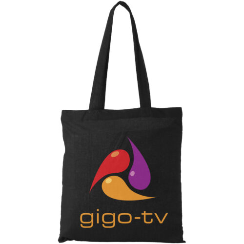 Schwarze Tragetasche mit Gigo-TV-Logo in roten, violetten und orangefarbenen Tropfenformen.