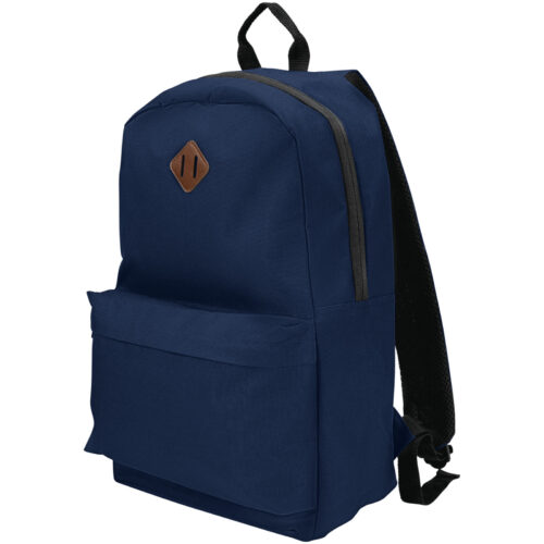 Ein marineblauer Rucksack mit Vordertasche und schwarzen Riemen.