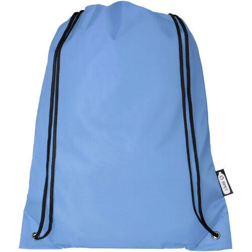 Blauer Kordelzug-Rucksack mit schwarzen Kordeln und kleinem Etikett an der Seite.