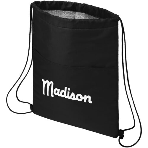 Schwarzer Rucksack mit Kordelzug und weißem Madison-Aufdruck auf der Vorderseite.