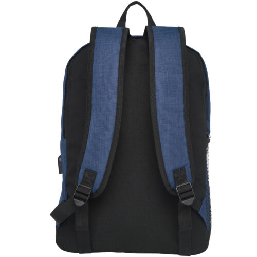 Blau-schwarzer Rucksack von hinten mit verstellbaren Schultergurten.