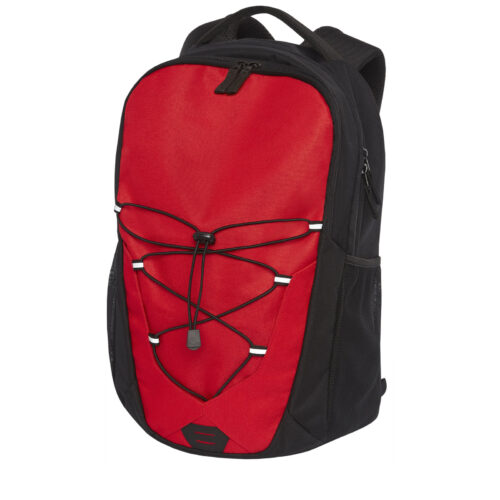 Ein rot-schwarzer Rucksack mit Bungee-Cord-Design auf der Vorderseite und mehreren Taschen.