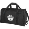 Schwarze Reisetasche mit Downhill-Mountainbiking-Logo, das Berge und ein Fahrrad zeigt.