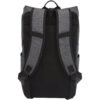 Ein grauer Rucksack mit gepolsterten Trägern und mehreren Fächern, von hinten betrachtet.