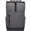 Grauer Rucksack mit Reißverschlusstasche vorne und schwarzen Riemen vor weißem Hintergrund.
