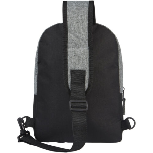 Schwarz-grauer Sling-Rucksack mit verstellbarem Riemen und Reißverschluss.