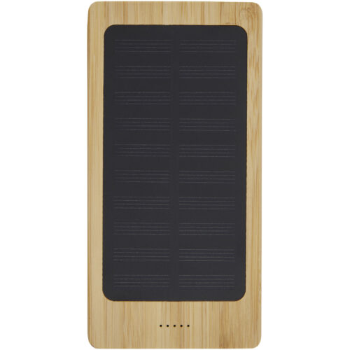 Eine Solar-Powerbank aus Holz mit einem schwarzen Solarpanel auf der Oberseite.