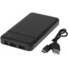 Schwarze tragbare Powerbank mit mehreren USB-Anschlüssen und einem USB-Kabel.