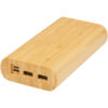 Tragbare Powerbank aus Holz mit drei USB-Anschlüssen und einem Einschaltknopf.