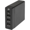 Schwarzes Multiport-USB-Ladegerät mit einem USB-C- und drei USB-A-Anschlüssen, mit Watt-Beschriftung.