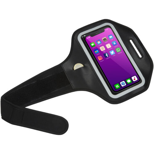 Schwarze Armband-Telefonhalterung mit einem Smartphone mit Apps auf dem Bildschirm.