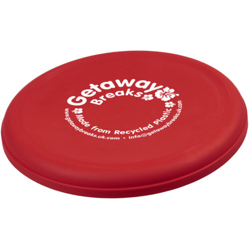 Rotes Frisbee mit „Getaway Breaks“ und in Weiß aufgedruckten Kontaktinformationen.