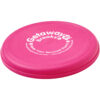 Rosa Frisbee mit Getaway Breaks-Logo und Text darüber, dass es aus recyceltem Kunststoff hergestellt ist.