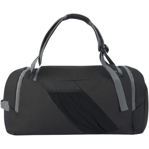 Schwarze Reisetasche mit grauen Griffen und geometrischem Design an der Seite.