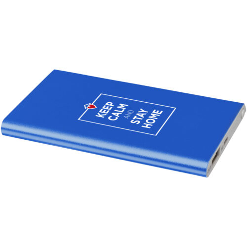 Blaue, rechteckige Powerbank mit dem weißen Aufdruck „Keep Calm“ und „Stay Home“.