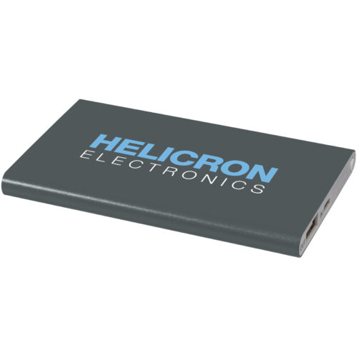 Rechteckige, graue externe Festplatte mit dem Aufdruck „HELICRON ELECTRONICS“ in Blau und Weiß.