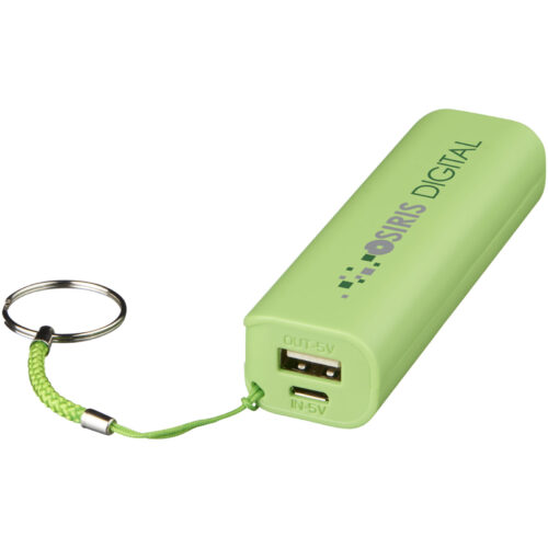 Grüne rechteckige Powerbank mit USB-Anschlüssen und einer Befestigung für den Schlüsselanhänger.