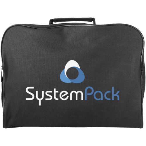 Schwarze SystemPack-Tasche mit Tragegriff und blau-weißem Logo.