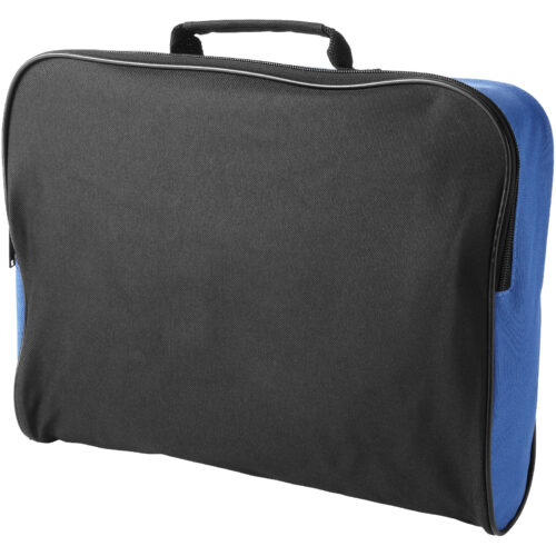 Eine schwarz-blaue Laptoptasche mit einem Griff oben, vor einem weißen Hintergrund.