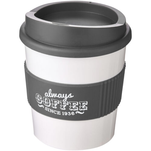 Weißer Mehrweg-Kaffeebecher mit schwarzem Deckel und Griff, bedruckt mit dem Text „Always COFFEE SINCE 1936“.