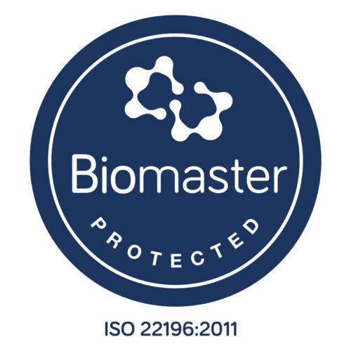 Blaues, kreisförmiges „Biomaster Protected“-Logo mit dem Text „ISO 22196:2011“ darunter.