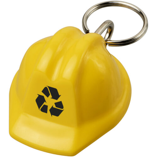 Gelber Helm-Schlüsselanhänger mit Recycling-Symbol.