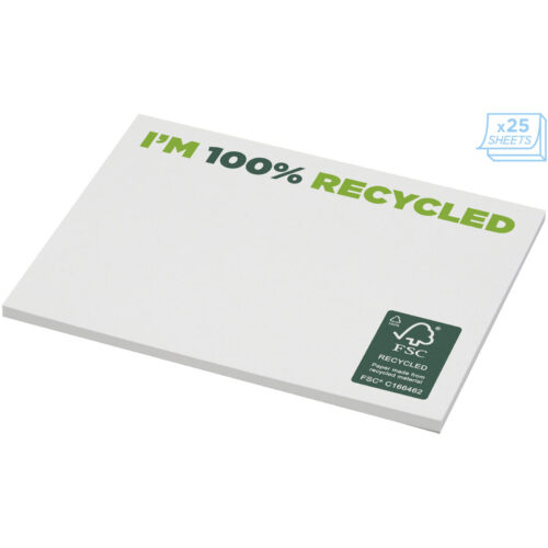 Stapel weißes Papier mit dem Label „100 % recycelt“ und FSC-Zertifikat, enthält 25 Blatt.