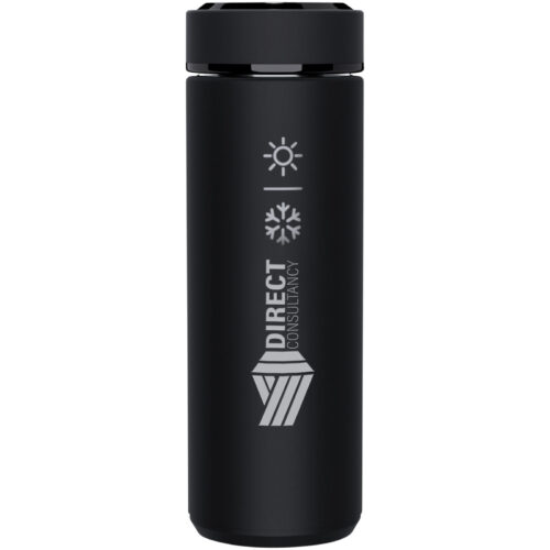 Schwarze Thermosflasche mit Direct Consultancy-Logo und Heiß-/Kalt-Symbolen.