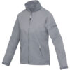 Graue Reißverschlussjacke mit hohem Kragen, zwei Reißverschlusstaschen vorne und einer Reißverschlusstasche am Ärmel.