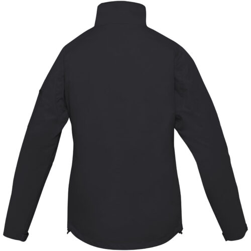 Rückansicht einer schwarzen Jacke mit langen Ärmeln und Stehkragen auf weißem Hintergrund.