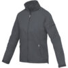 Dunkelgraue leichte Jacke mit Reißverschluss vorne und Taschen, langen Ärmeln und Stehkragen.