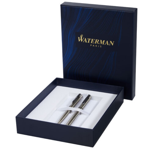 Offene Waterman-Geschenkbox mit zwei silbernen Stiften darin.