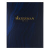 Dunkelblaue Waterman Paris-Geschenkbox mit goldenem Logo und gewelltem blauen Liniendesign.