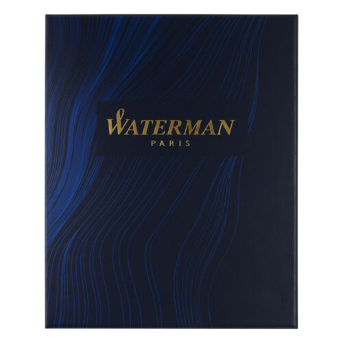 Dunkelblaue Waterman Paris-Geschenkbox mit goldenem Logo und gewelltem blauen Liniendesign.