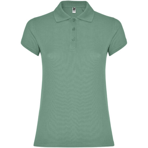 Grünes Kurzarm-Poloshirt mit Kragen und drei Knöpfen.