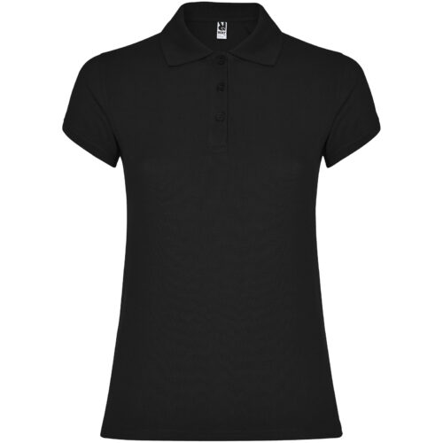 Schwarzes Kurzarm-Poloshirt mit Kragen auf weißem Hintergrund.