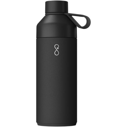 Schwarze Wasserflasche mit Schlaufendeckel und minimalistischem weißen Logodesign.