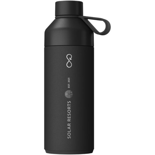 Schwarze Wasserflasche mit „SOLAR RESORTS“ und Logo auf der Seite.