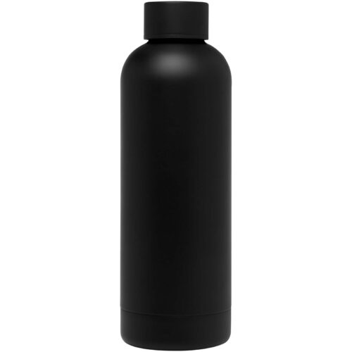Schwarze, matte Wasserflasche mit Schraubverschluss, aufrecht vor einem weißen Hintergrund stehend.