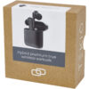 Braune Tekio-Box mit einem Bild von schwarzen kabellosen Ohrhörern und dem Text „Hybrid Premium True Wireless Earbuds“.