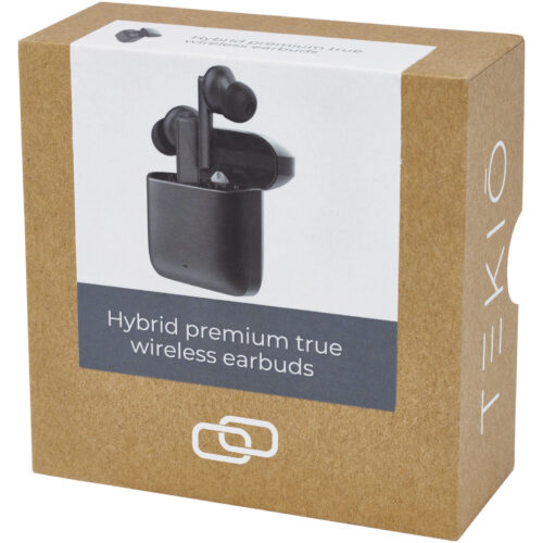 Braune Tekio-Box mit einem Bild von schwarzen kabellosen Ohrhörern und dem Text „Hybrid Premium True Wireless Earbuds“.