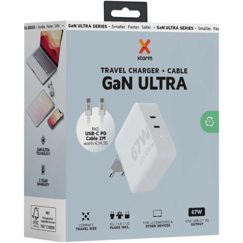 Ladekabel bedruckt Xtorm XVC2067 GaN Ultra 67 W Reiseladegerät mit 100 W USB-C PD-Kabel