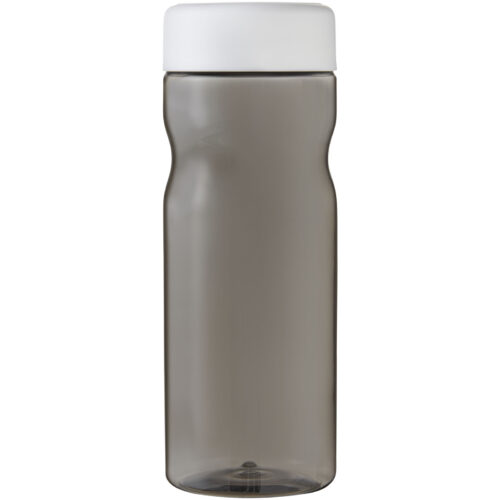 Eine durchsichtige, grau getönte Plastikwasserflasche mit weißem Schraubdeckel.