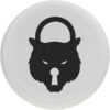 Ein schwarzer Wolfskopf in Form eines Vorhängeschlosses auf einem weißen, kreisförmigen Hintergrund.