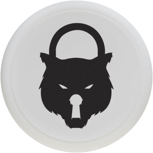 Ein schwarzer Wolfskopf in Form eines Vorhängeschlosses auf einem weißen, kreisförmigen Hintergrund.