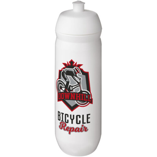Weiße Wasserflasche mit einem Downhill Bicycle Repair-Logo mit einer Radfahrergrafik.