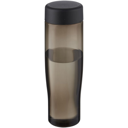 Transparent-grauer Becher mit schwarzem Schraubdeckel, zur Hälfte mit Wasser gefüllt.
