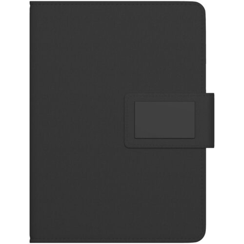 Notebook mit Logo bedrucken SCX.design O16 A5 Notizbuch mit Powerbank und Leuchtlogo