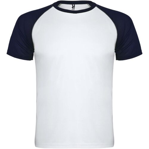 Weißes T-Shirt mit kurzen schwarzen Ärmeln und schwarzem Rundhalsausschnitt, abgebildet auf einem einfarbigen Hintergrund.